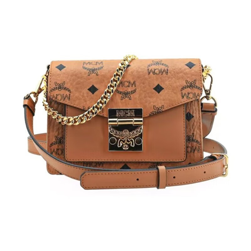 95新 MCM 女士包包经典印花时尚风琴包迷你链条单肩斜挎包干邑色
