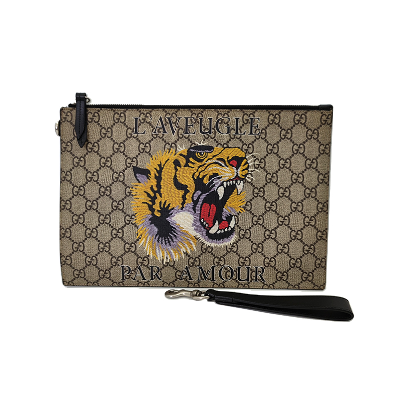 90新 GUCCI/古驰 经典款棕色男士虎头印花时尚手拿包
