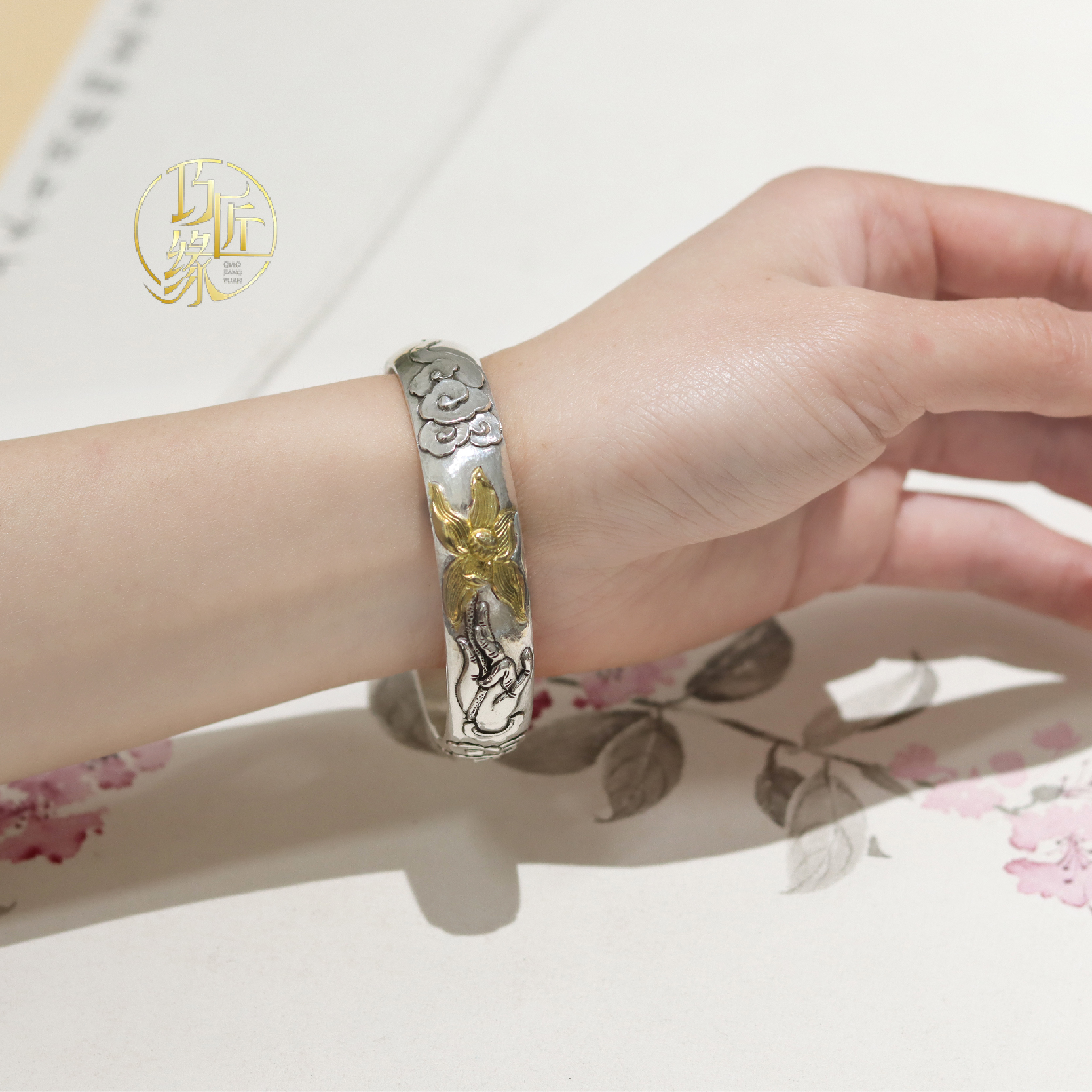 足银手镯 佛手拈花巧匠缘银纯手工足银999复古原创设计手工錾刻