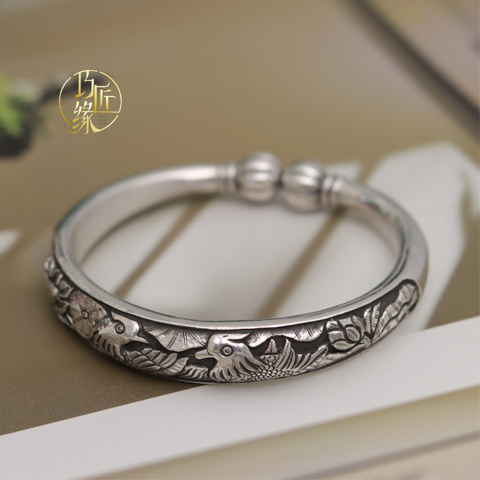 足银手镯 巧匠缘足银999银手镯荷花鸳鸯戏水南瓜头开口实心纯手工