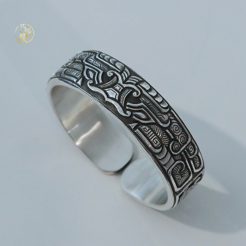 足银手镯 饕餮纹手镯巧匠缘足银999手工霸气复古时尚男士银手镯