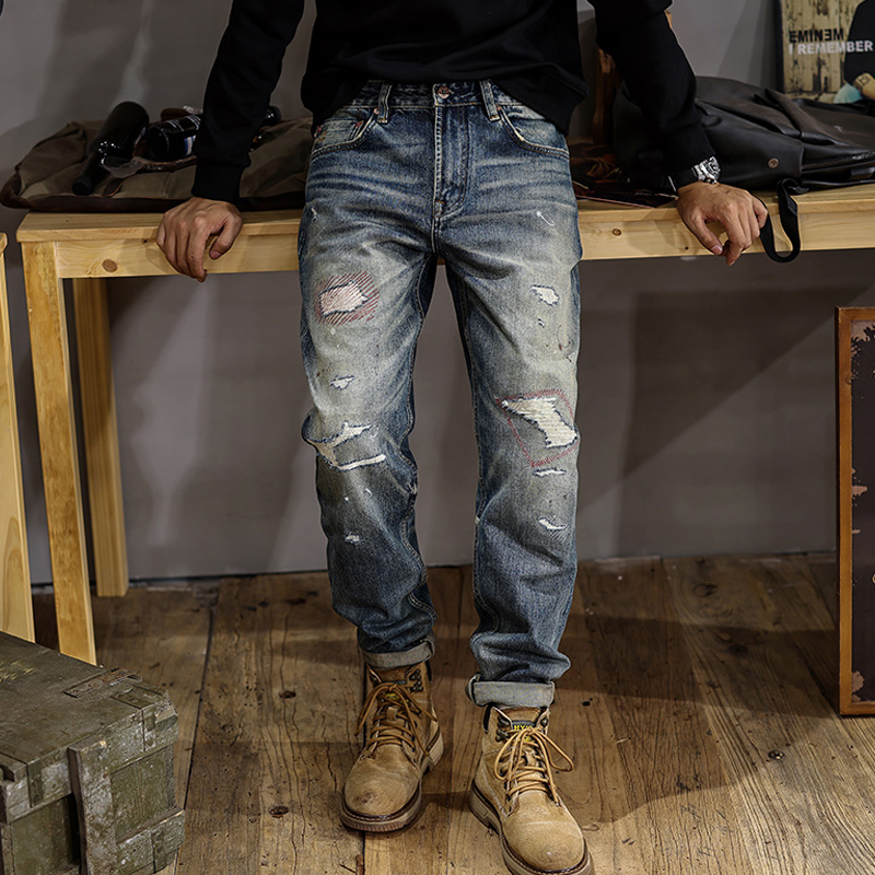 高端冬季款赤耳丹宁牛仔裤男款美式高街痞帅复古破洞宽松直筒裤子