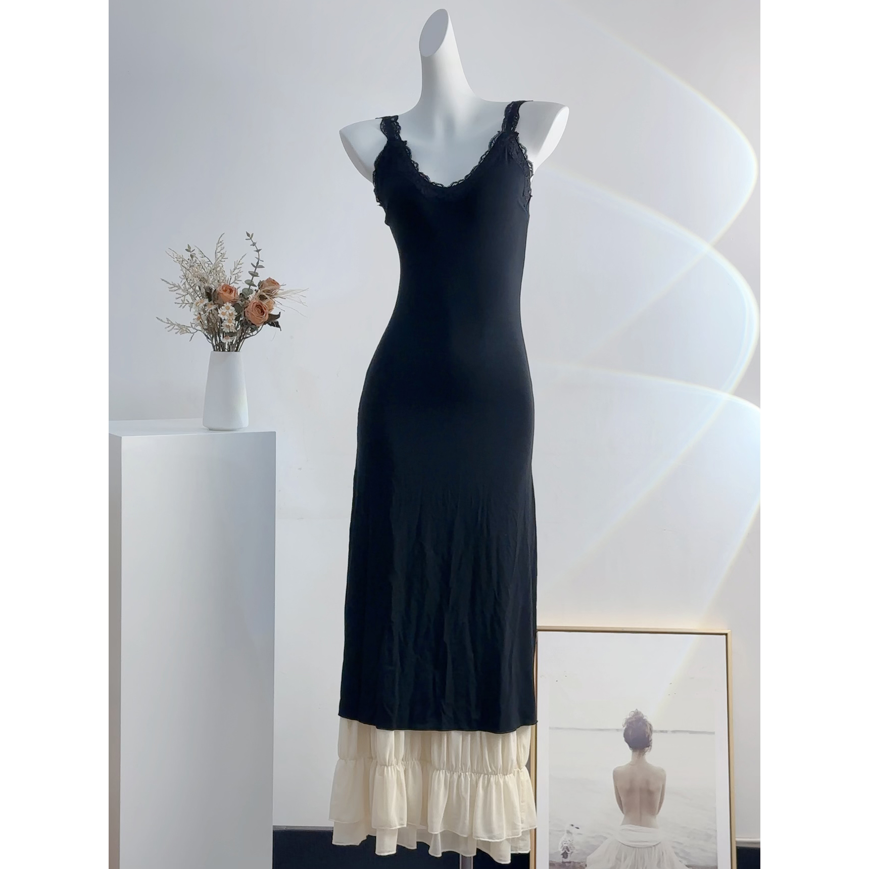 【断码折扣清仓】虞书欣同款蕾丝吊带法式黑白拼接性感修身显瘦长裙