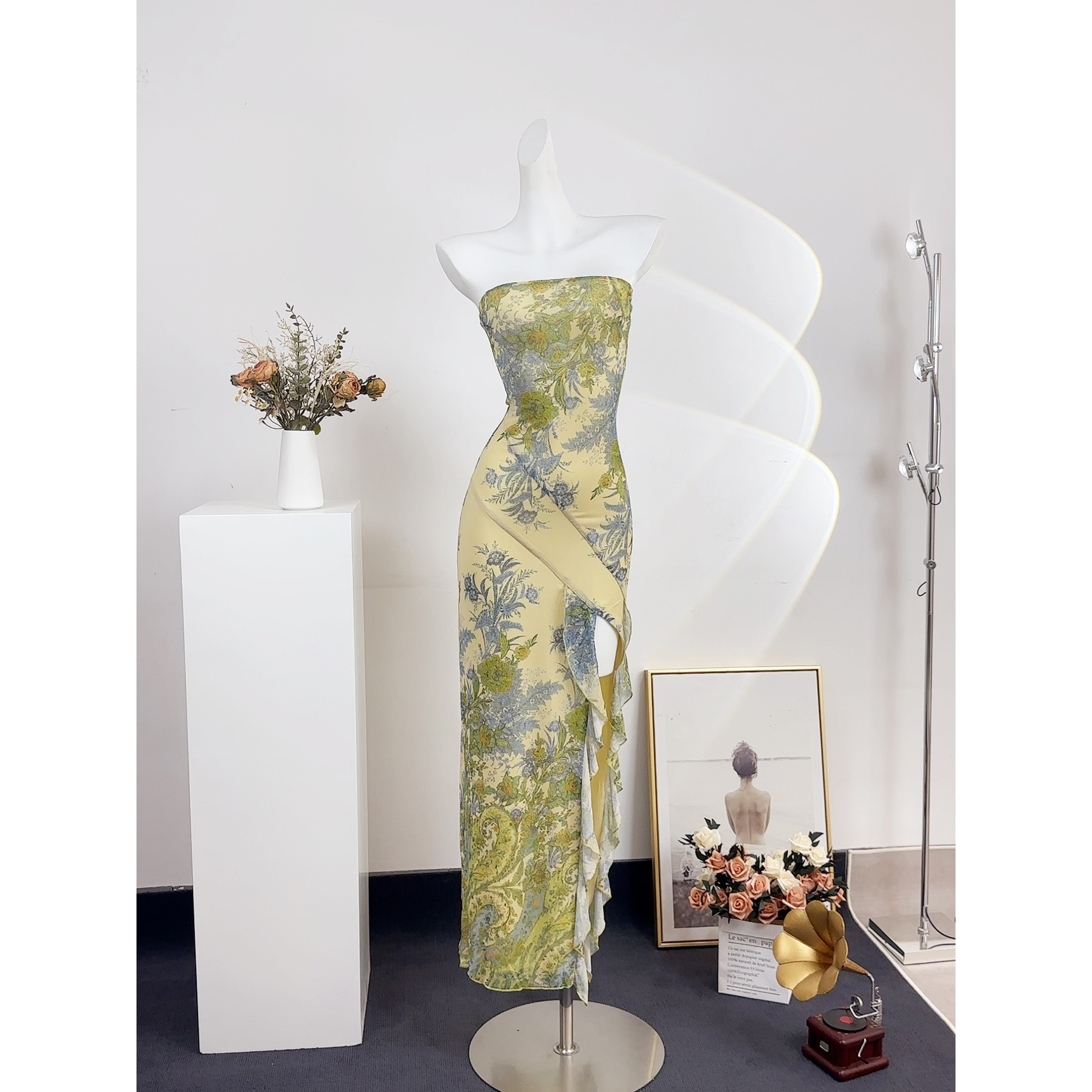 【断码折扣清仓】复古性感抹胸长裙木耳边斜开叉修身定位印花连衣裙