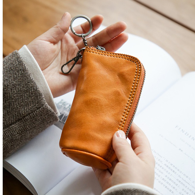 新款时尚潮流文艺复古真皮头层牛皮拉链多功能男女通用汽车钥匙包