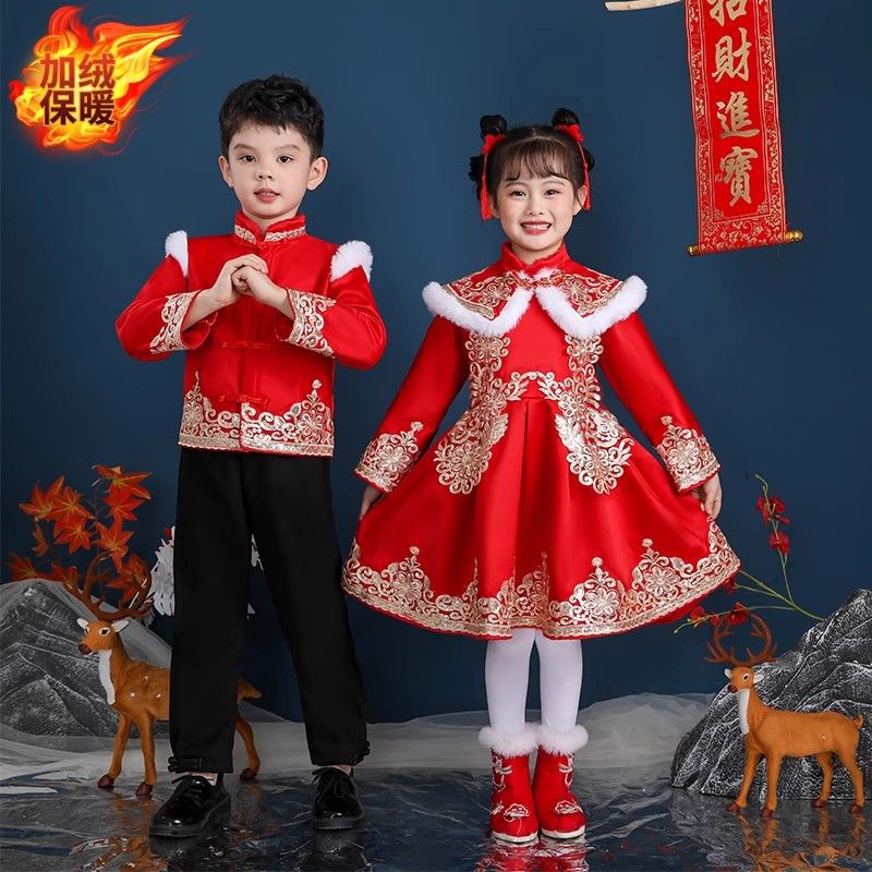 巴拉拉巴元旦儿童喜庆演出服中国风唐装加绒加厚拜年服幼儿园开门