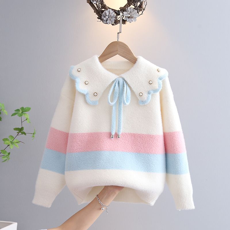 女童秋冬季水貂绒毛衣2023新款中大童加厚保暖洋气娃娃领打底衫