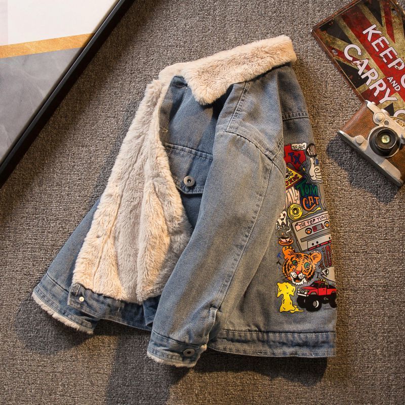 巴啦啦巴男童外套春冬牛仔2023年新款中大童男孩秋冬加厚外套韩版