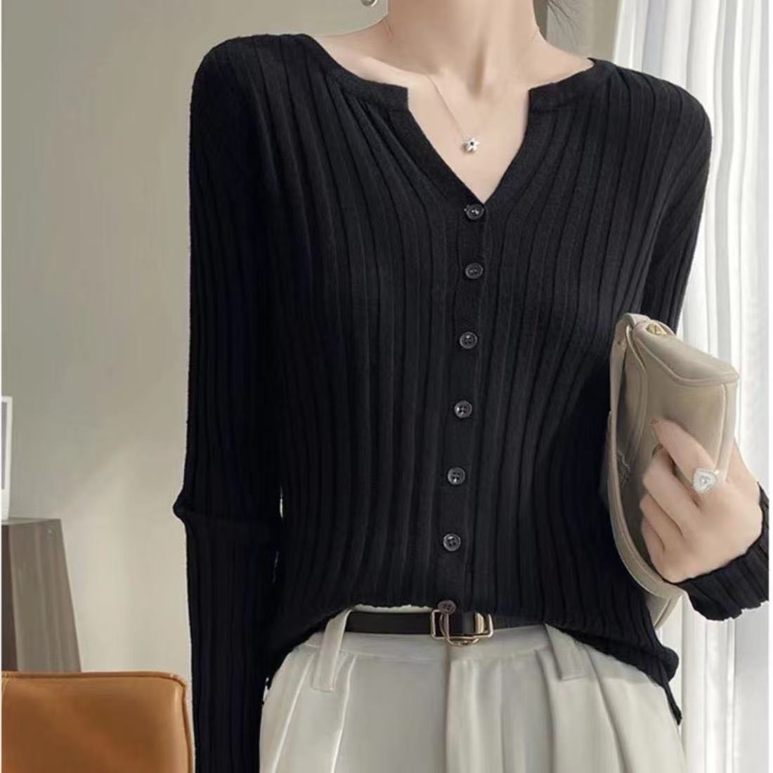 长袖针织衫春季开衫百搭款坑条设计纯色V领针织开衫上衣显瘦6220
