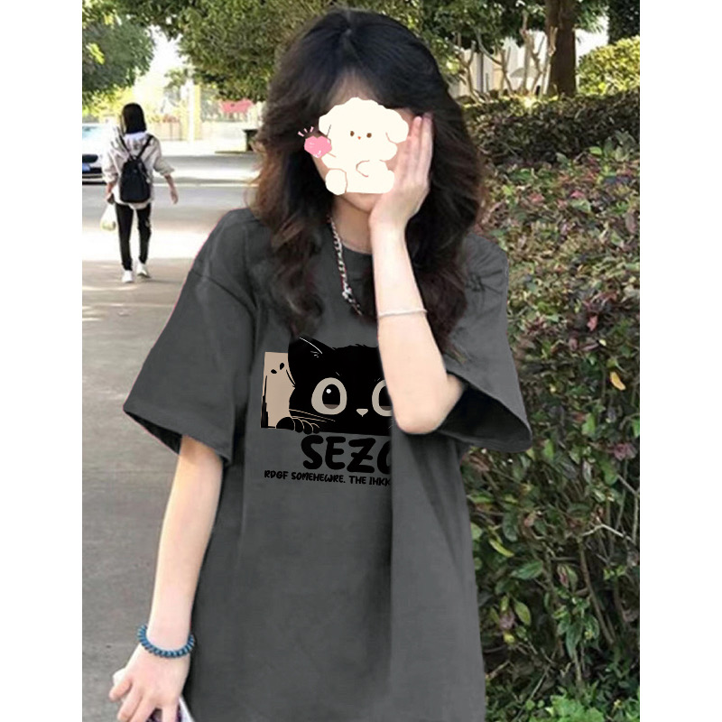 小个子t恤女正肩短袖2024新款夏季宽松韩版纯棉半袖体恤灰色上衣