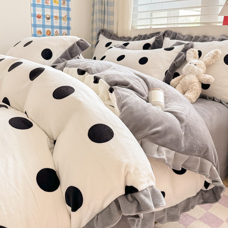 韩系花边加厚牛奶绒四件套双面珊瑚绒被套冬季法兰绒床单三件套