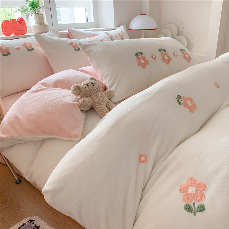 加厚牛奶绒床上四件套床单冬季珊瑚绒保暖被套床品床笠宿舍三件套