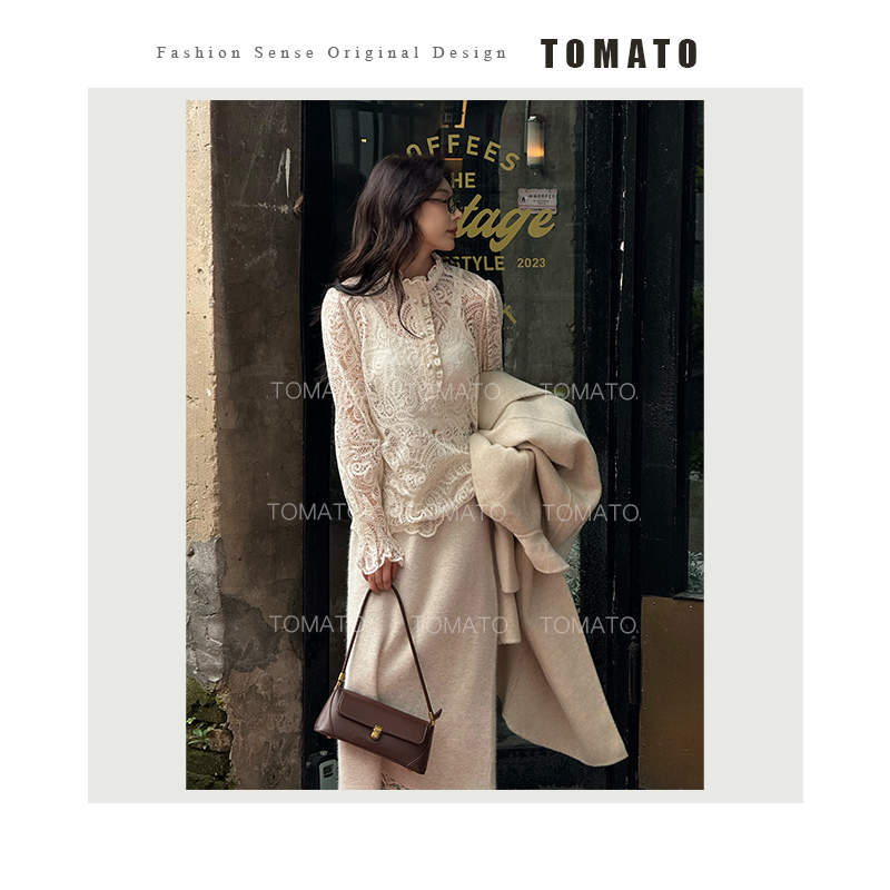 【TomoTo】落秋 法式优雅高级感镂空国风蕾丝长袖上衣 Q24CS11121