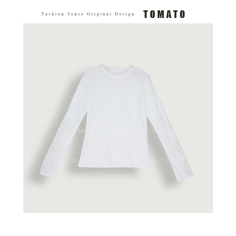 【TomoTo】云朵 韩版袖口拼接钩花镂空百搭长袖打底衫上衣Q24T85591