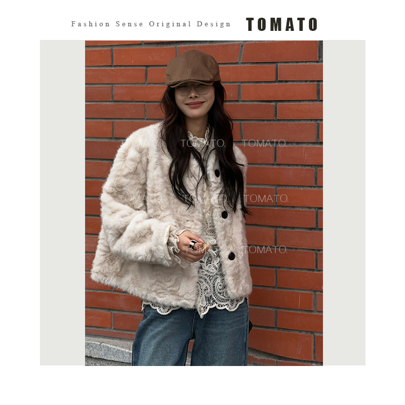 【TomoTo】初雪绒绒 新款韩系环保毛单排扣V领保暖外套 D24WT5046