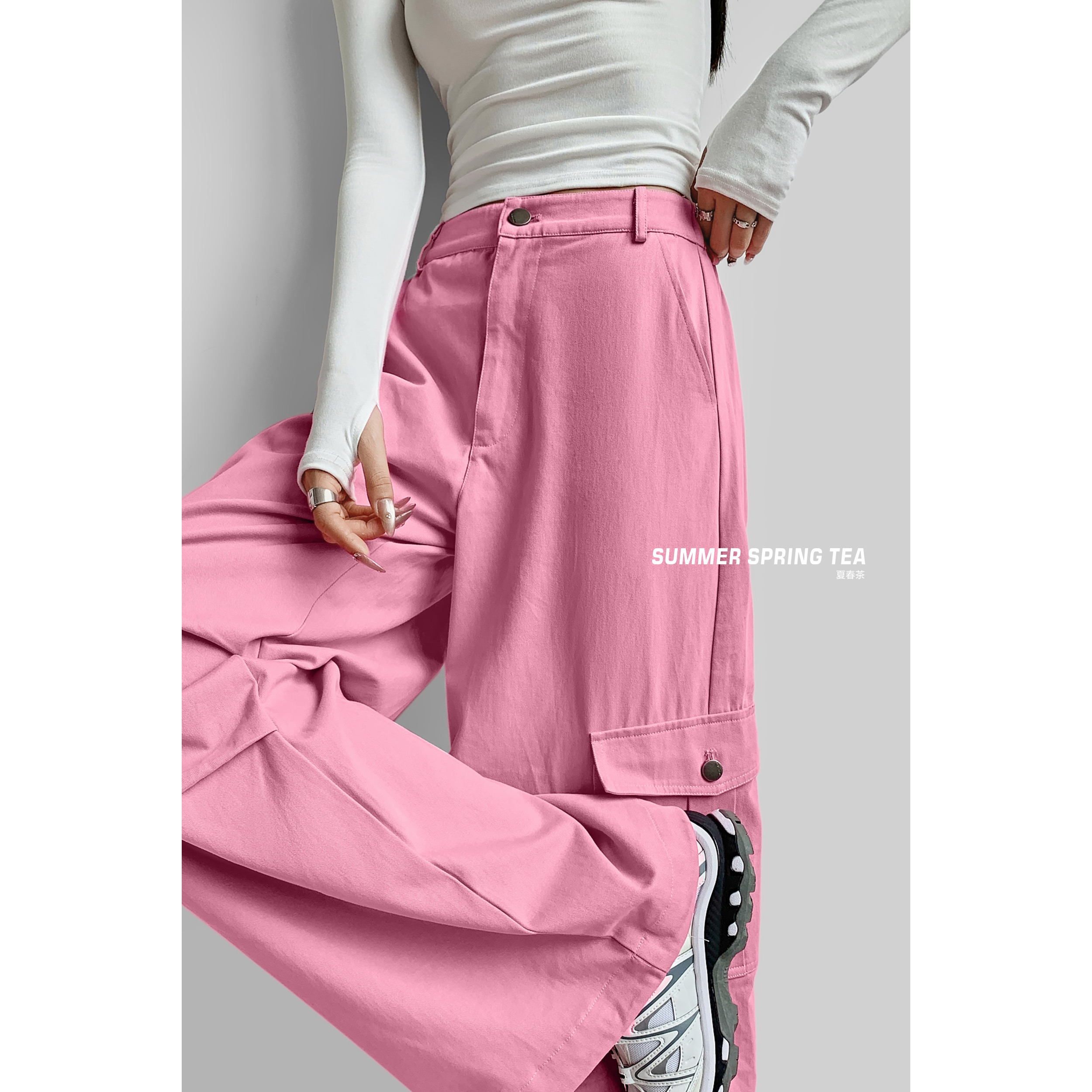 【现货】夏春茶复古工装休闲裤女宽松高腰百搭气质垂感阔腿拖地长裤