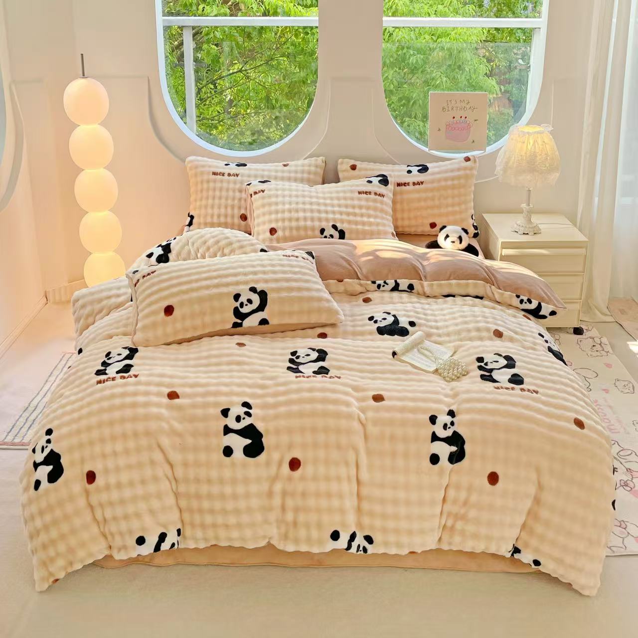 【可爱熊猫】四季柔软泡泡绒牛奶绒亲肤加厚四件套