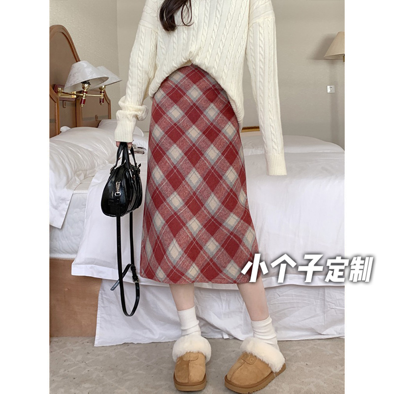150小矮个子学院风毛呢格子半身裙女秋冬复古高腰中长款包臀a字裙