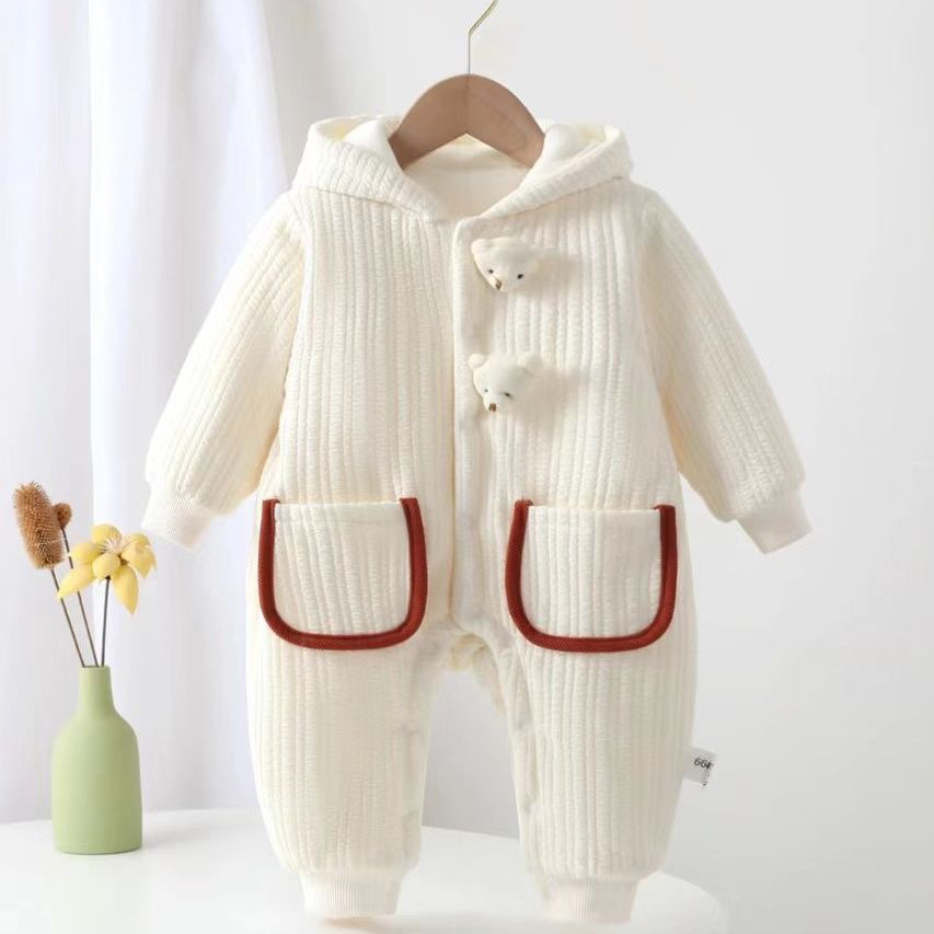 冬季夹棉连体衣新生婴儿衣服超萌卡通男女宝宝外出保暖爬服连帽潮
