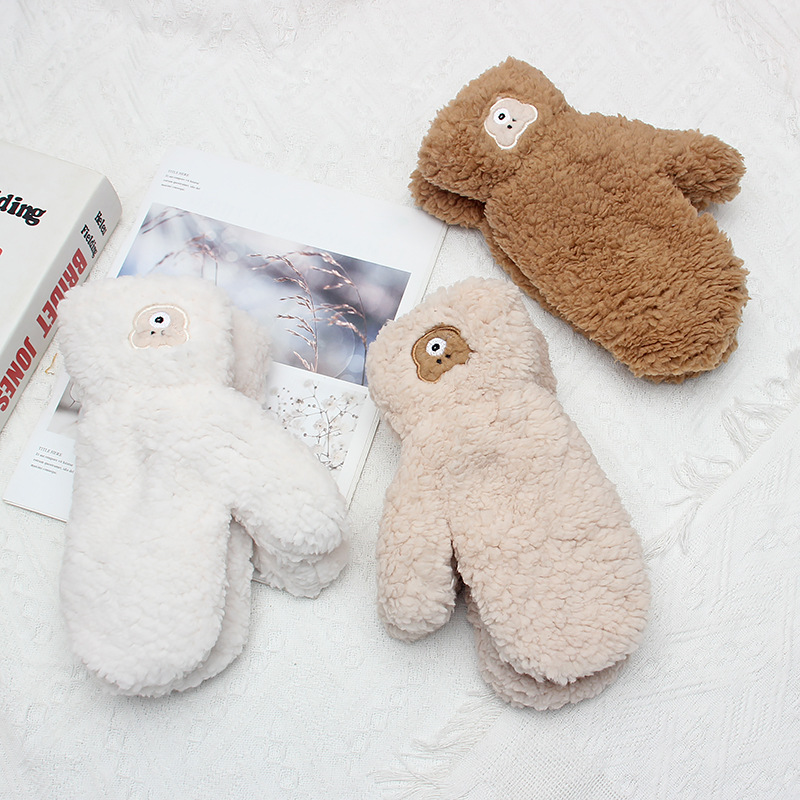 韩国保暖手套女秋冬加绒加厚软糯可爱小熊连指挂脖包套学生毛绒萌