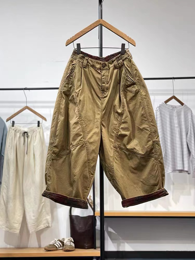 忆古补拙春季新款宽松口袋休闲阔腿八分裤女