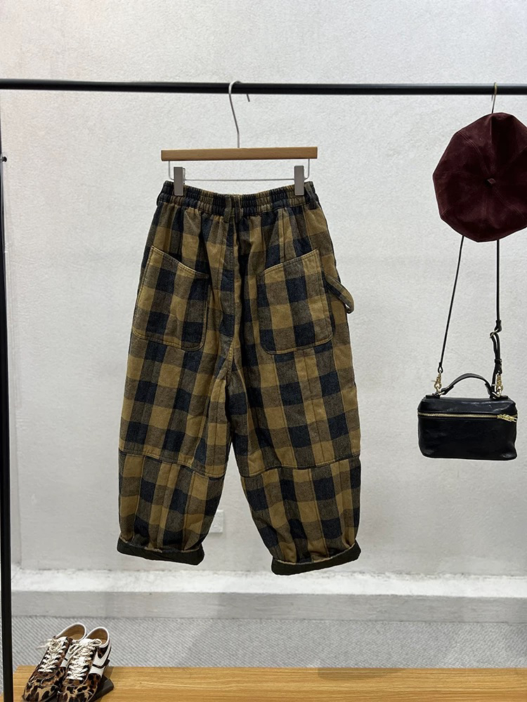 忆古朴拙原创设计格子自然腰气质百搭夹棉阔腿裤