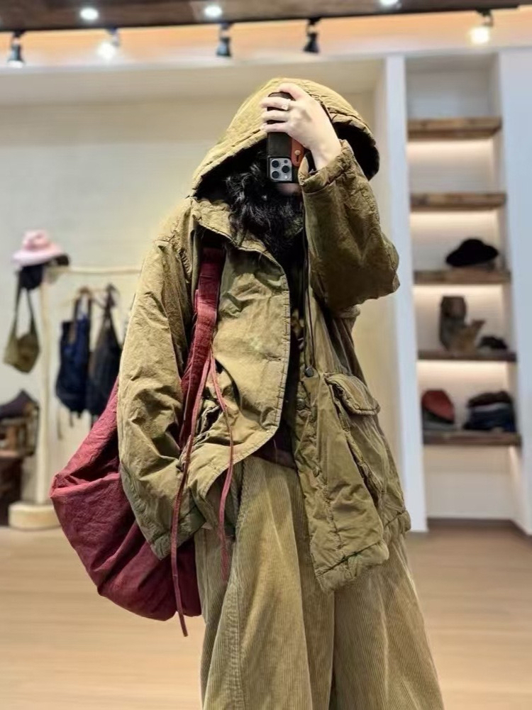 忆古朴拙冬季戴帽大口袋休闲棉衣复古百搭工装款棉