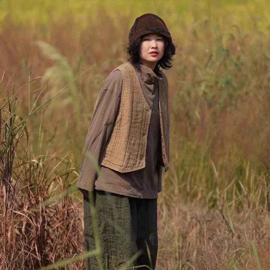 复古亚麻石磨做旧复古V领夹保暖棉马夹古兰木