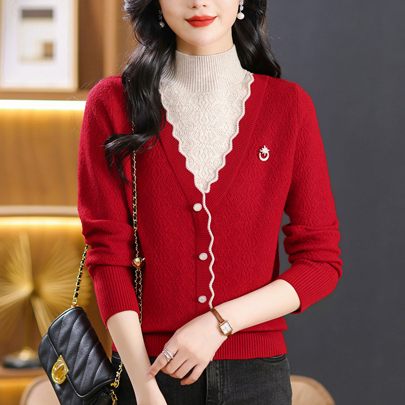 高档羊毛衫秋冬新款提花假两件上衣加厚半高领中年妈妈新中式毛衣