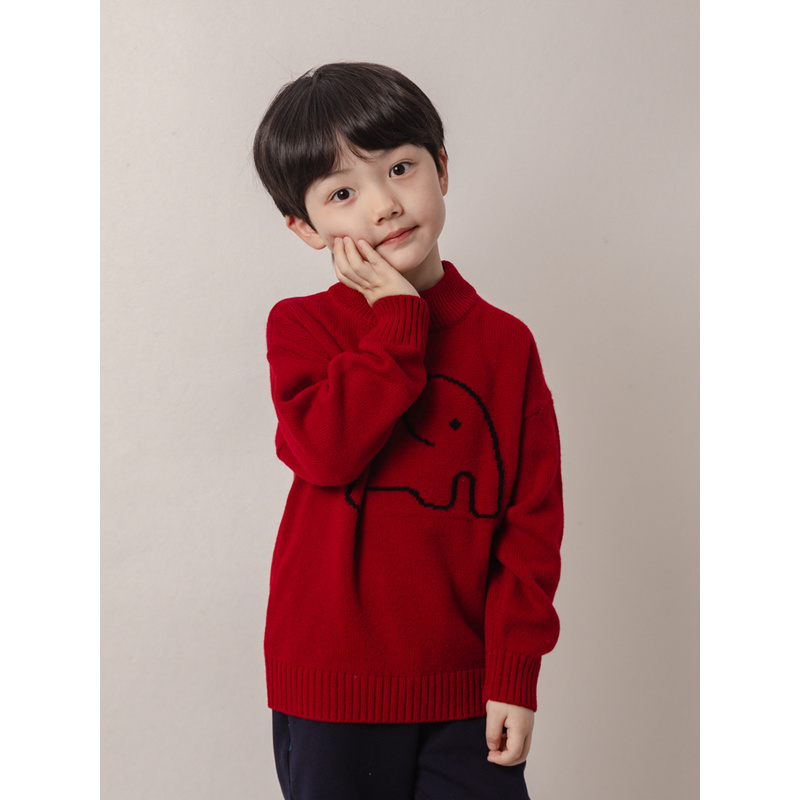 【100羊毛】男童新年红色毛衣儿童羊毛衫本命年加厚半高领拜年服