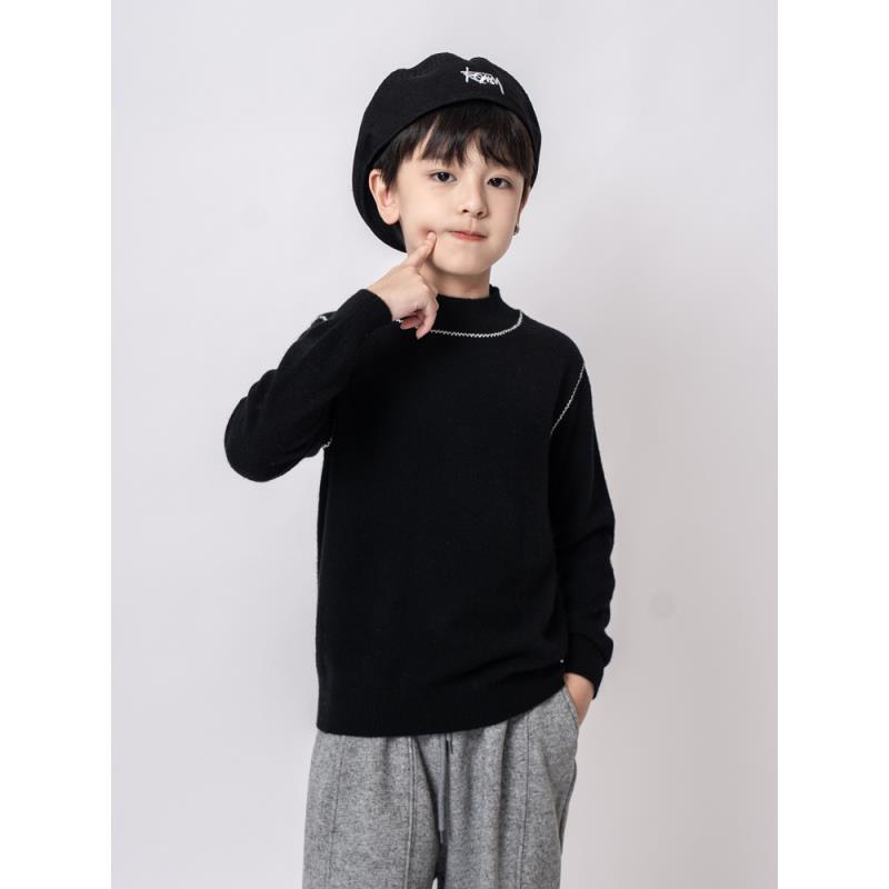 【100羊绒】男童半高领毛衣儿童山羊绒黑色纯色新款青少年冬季