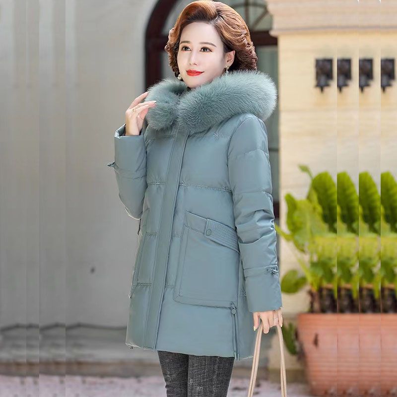 鸭鸭高端妈妈羽绒服女中年加厚宽松大码中长款白鸭绒中老年人冬