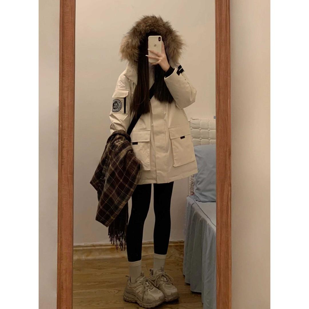 鸭鸭大毛领派克羽绒服服女2023冬季新款连帽棉袄外套宽松加厚工