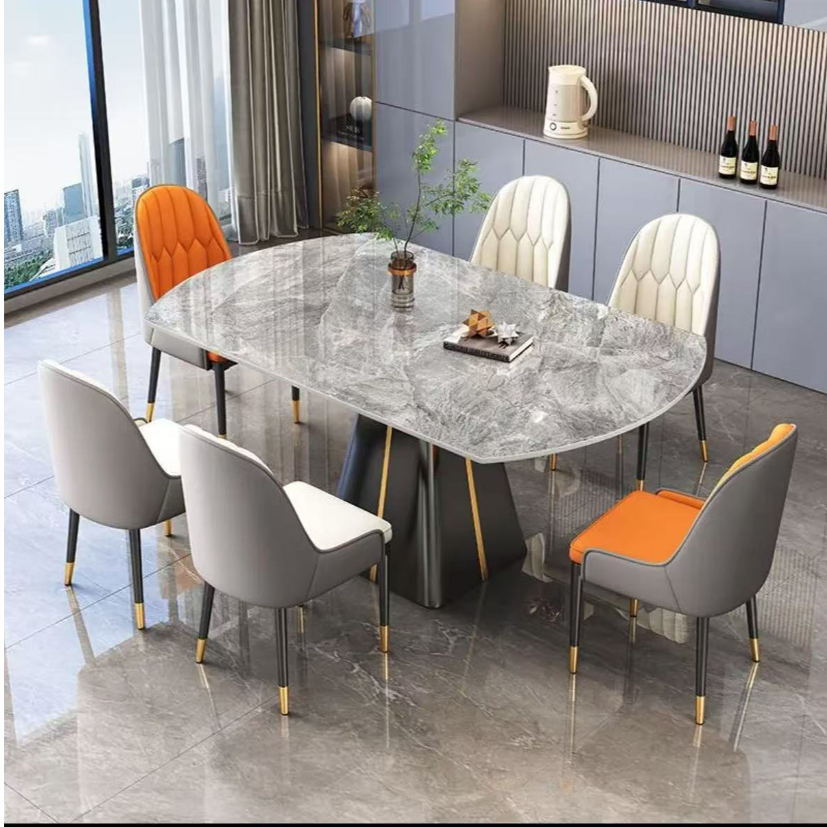 轻奢岩板圆餐桌现代简约小户型高端亮光家用圆形餐桌带转盘式饭桌