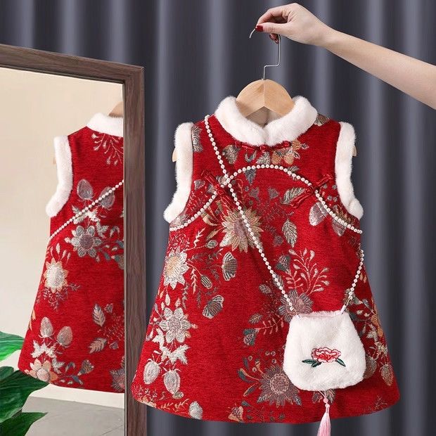 女童秋冬中国风马甲裙国风潮儿童唐装拜年服女童旗袍冬加厚新年装