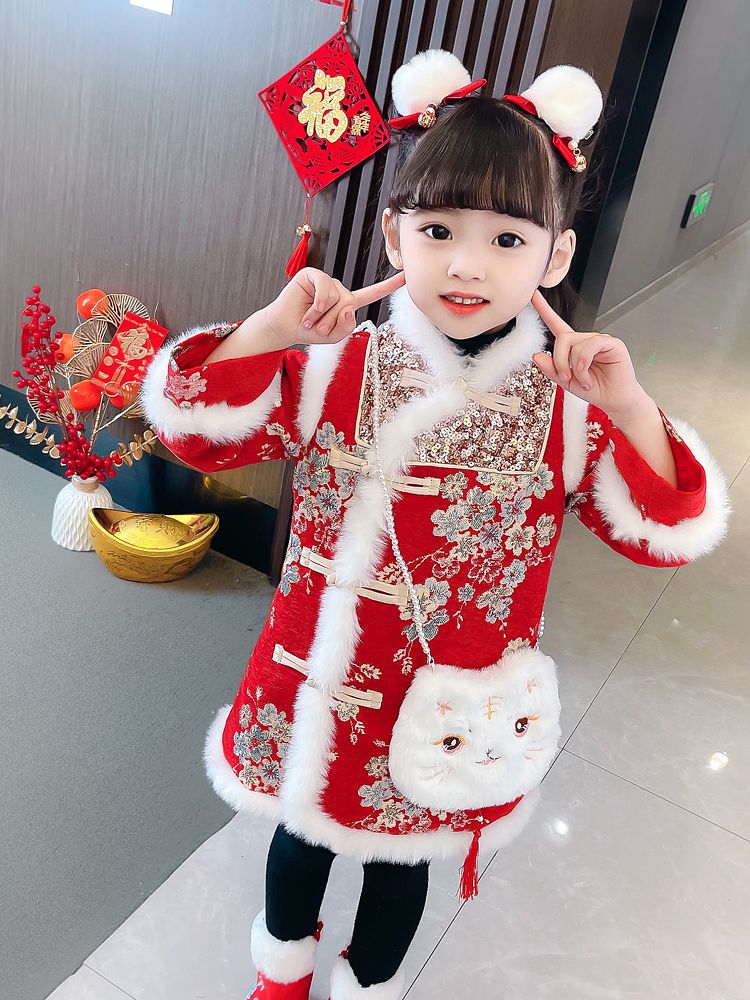 服女童拜年服旗袍冬季2023新款儿童中国风唐装加厚小女孩新年装