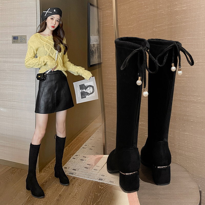 长靴女不过膝2025秋冬新款弹力中筒靴后系带粗跟高跟小个子瘦瘦靴