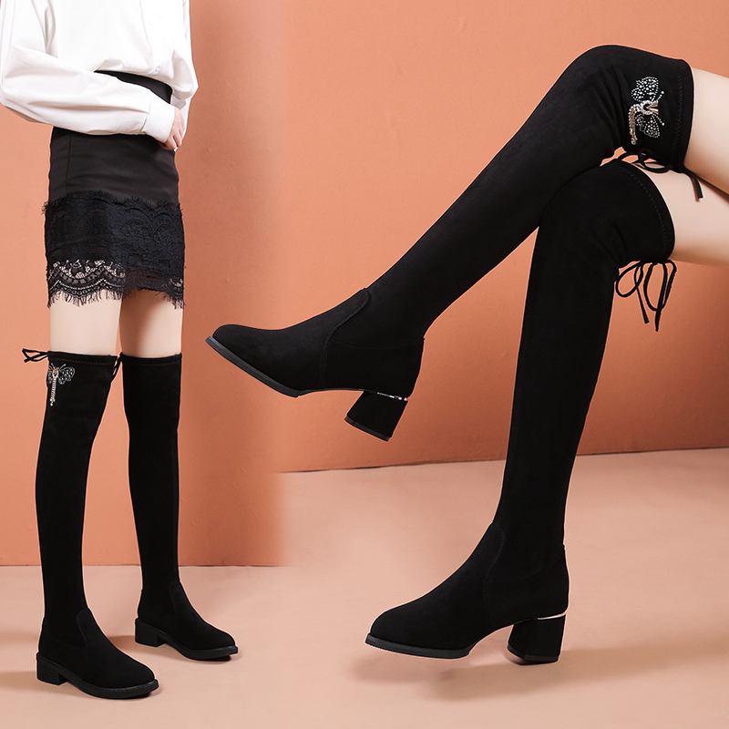 粗跟过膝长靴女2025年秋冬新款时尚蝴蝶结水钻绒面袜靴弹力瘦瘦靴