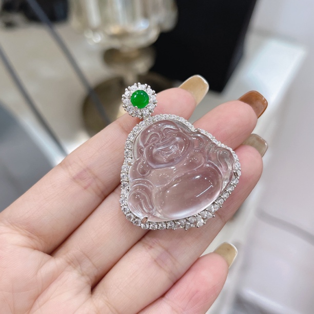天然玉石，石英质玉佛公，s925银镶嵌