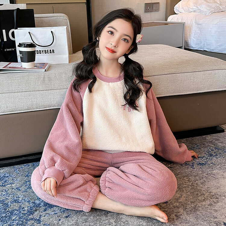 女童居家服套装儿童中大童女孩2023新款秋冬法兰绒睡衣珊瑚绒保暖