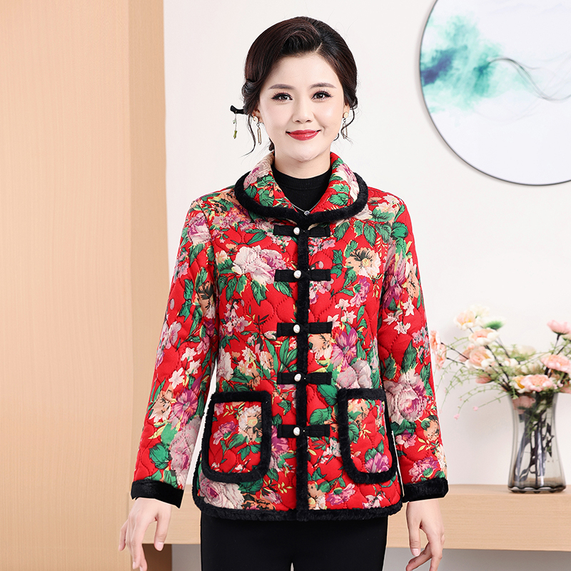 秋冬妈妈装加绒保暖东北大花棉袄复古国风唐装棉衣马甲外套老年人