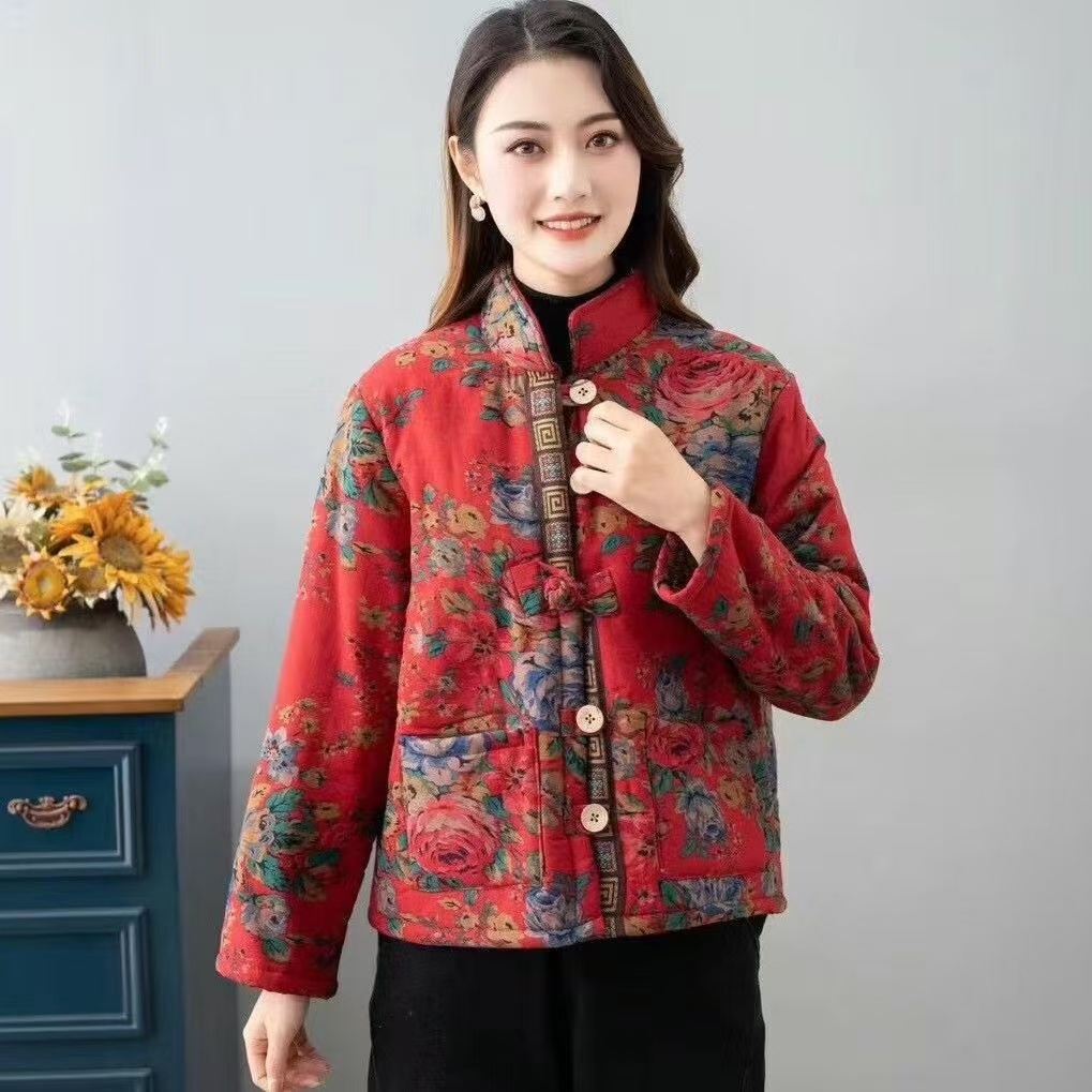 秋冬新款复古盘扣加绒加厚保暖立领棉衣外套民族风宽松大码花棉袄