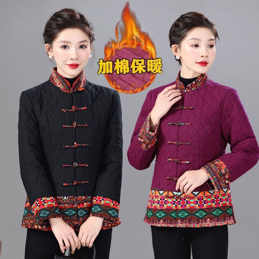 复古中国风唐装立领棉服秋冬新款民族风妈妈装外套舒适保暖花棉衣