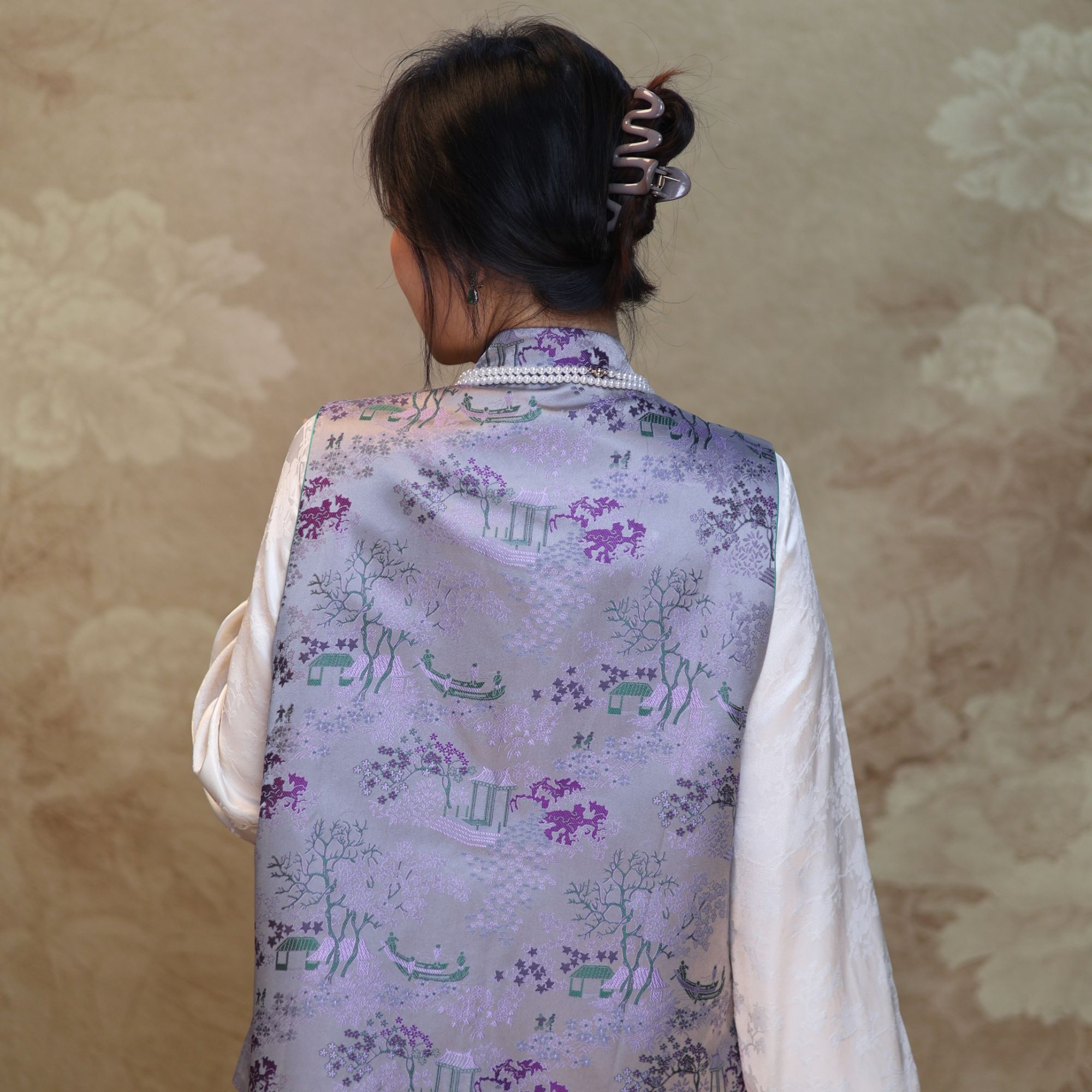 【Y35534K】新中式国风女装桑蚕丝马甲复古国风斜襟提花小立领马夹