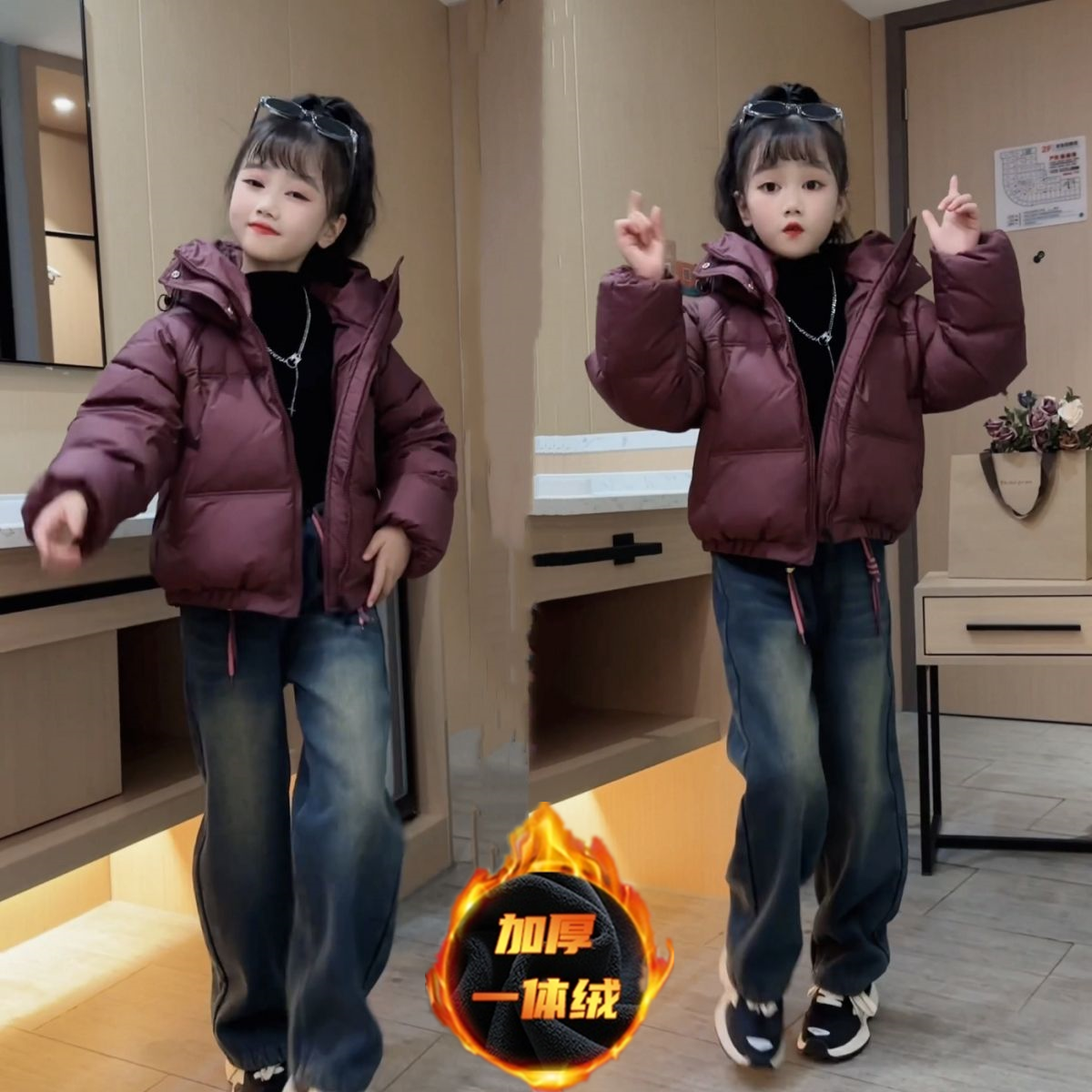 新品巴拉巴拉冬季女童潮酷短款加厚保暖网红休闲儿童连帽爆款洋气