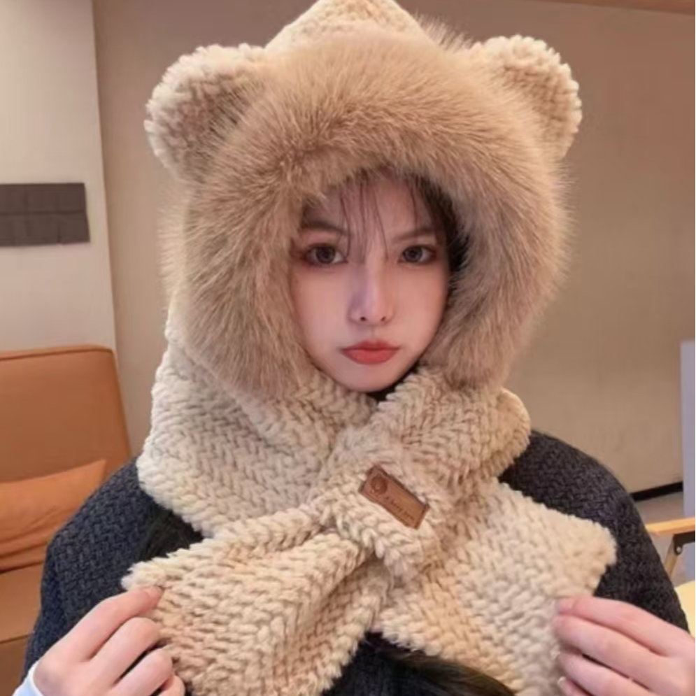 【新疆包邮】冬季可爱小熊帽子围巾绒加厚保暖护耳围脖一体