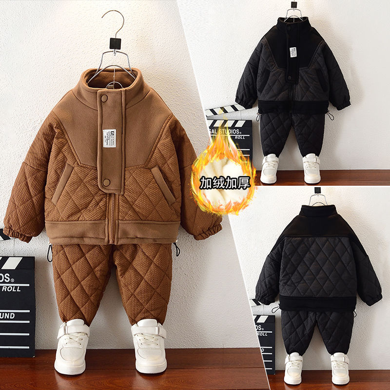 男童洋气冬装套装宝宝加绒加厚两件套儿童秋冬季夹棉衣服酷帅潮装