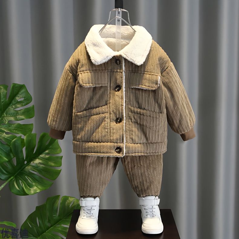 男童冬款条绒加绒加厚套装宝宝韩版冬季洋气两件套保暖棉衣套装潮