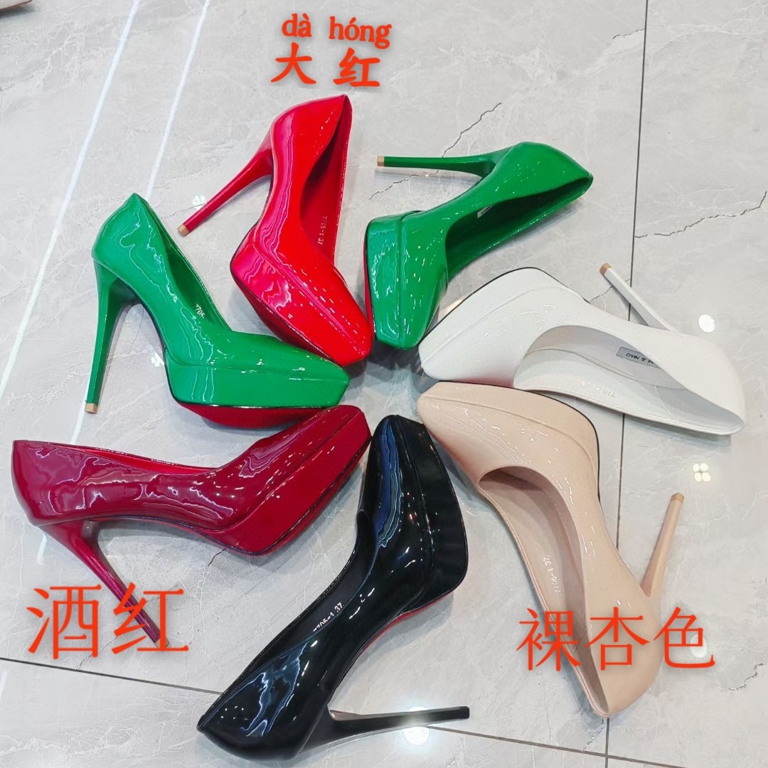 新款时尚网红单鞋尖头跟鞋百搭浅口欧美春季粗跟漆皮高跟细跟女士