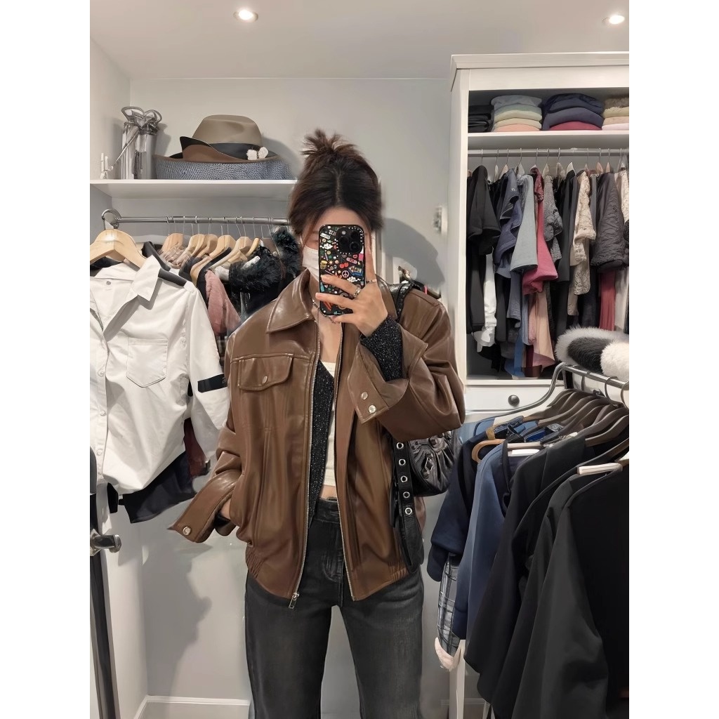 美式复古新款皮夹克女春秋宽松设计感别致休闲百搭开衫短外套潮